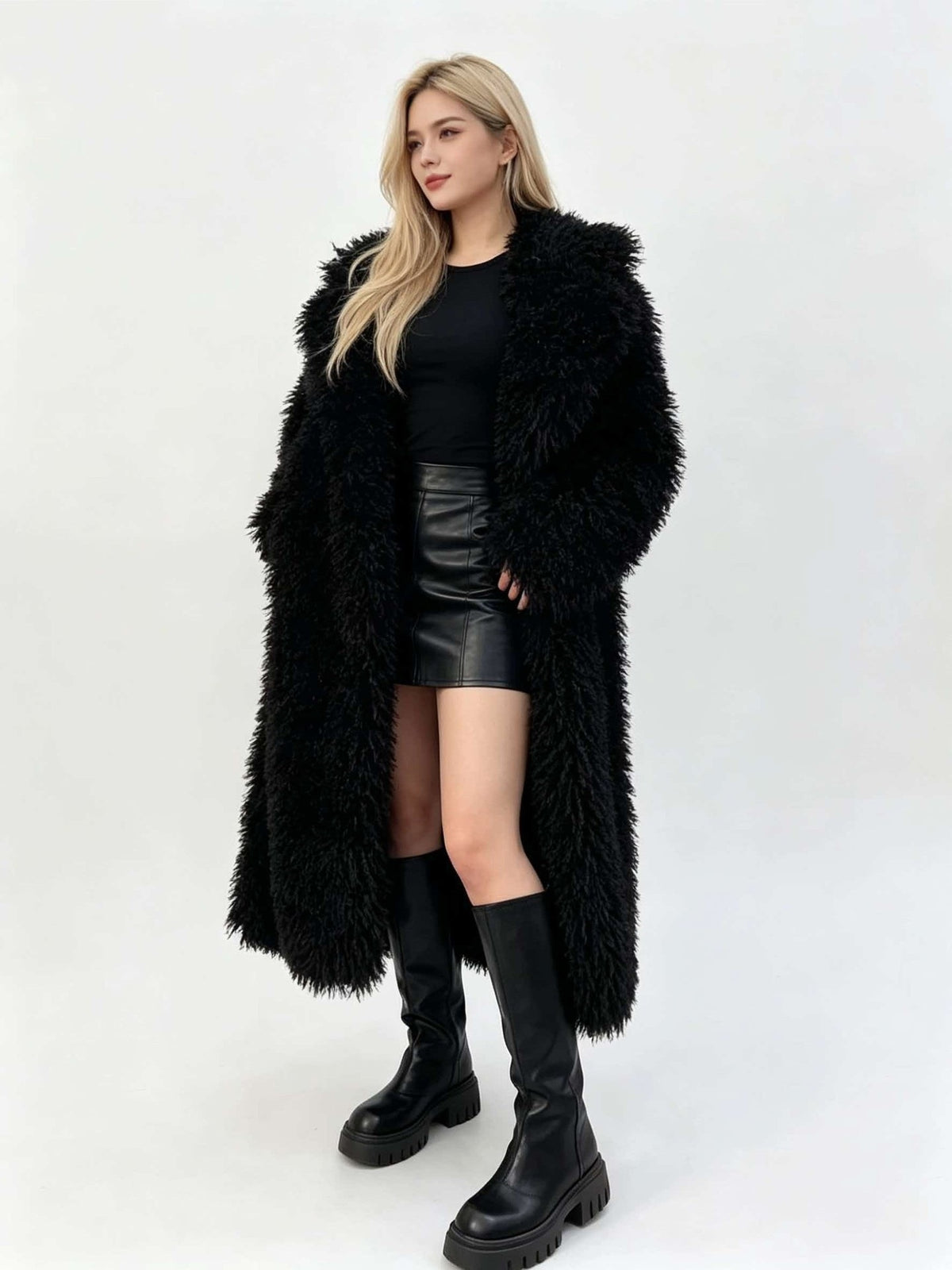 Black women's casual eco-friendly fur coat by Dropshipman, loose-fit and fashionable for a stylish winter look.