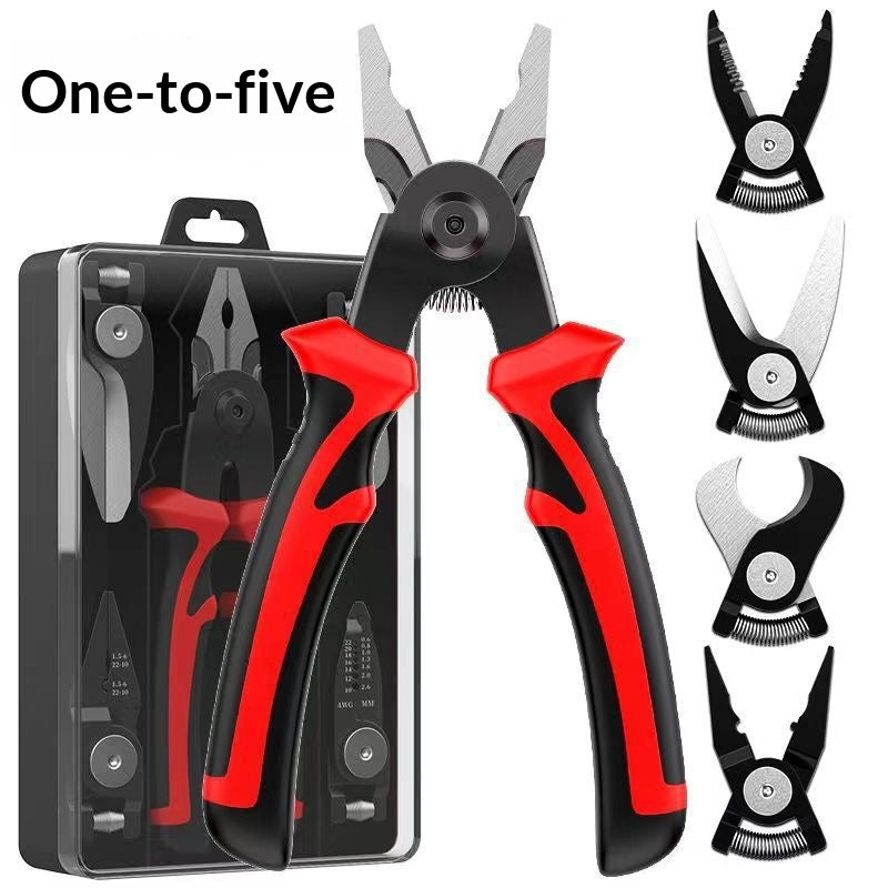 Dropshipman five-in-one multi-functional tool pliers with interchangeable heads, including wire cutters, crimpers, scissors, and more.