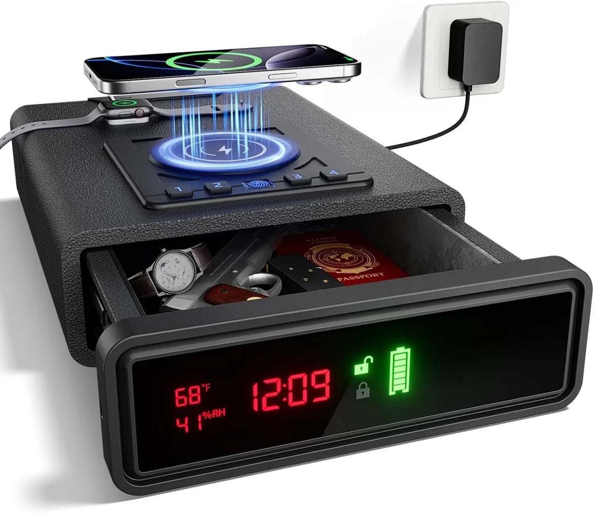 Dropshipman pistol gun safe with wireless charging, fingerprint lock, auto-open feature, LED backlit keyboard, and secure drawer.