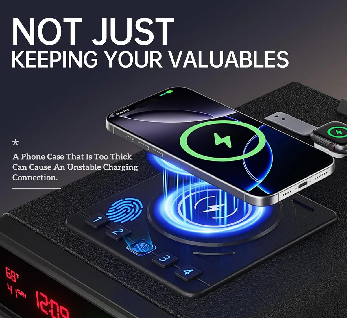 Dropshipman pistol gun safe with wireless charging, fingerprint lock, auto-open feature, LED backlit keyboard, and drawer storage.