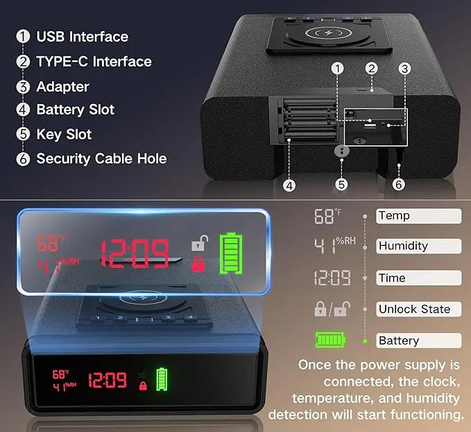 Dropshipman pistol gun safe with wireless charging, fingerprint lock, auto open, LED backlit keyboard, and drawer storage.