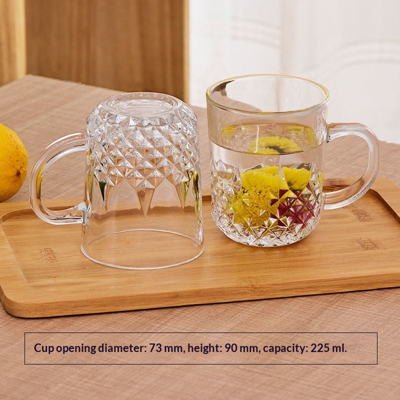 Dropshipman household thickened heat-resistant glass cup with handle, 300ml capacity, diamond-carved design for hot beverages.