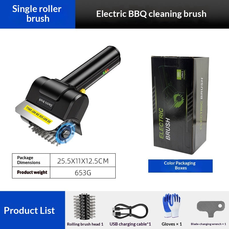 Rechargeable electric barbecue brush with stainless steel roller for outdoor camping and grill cleaning, OEM customizable by Dropshipman.