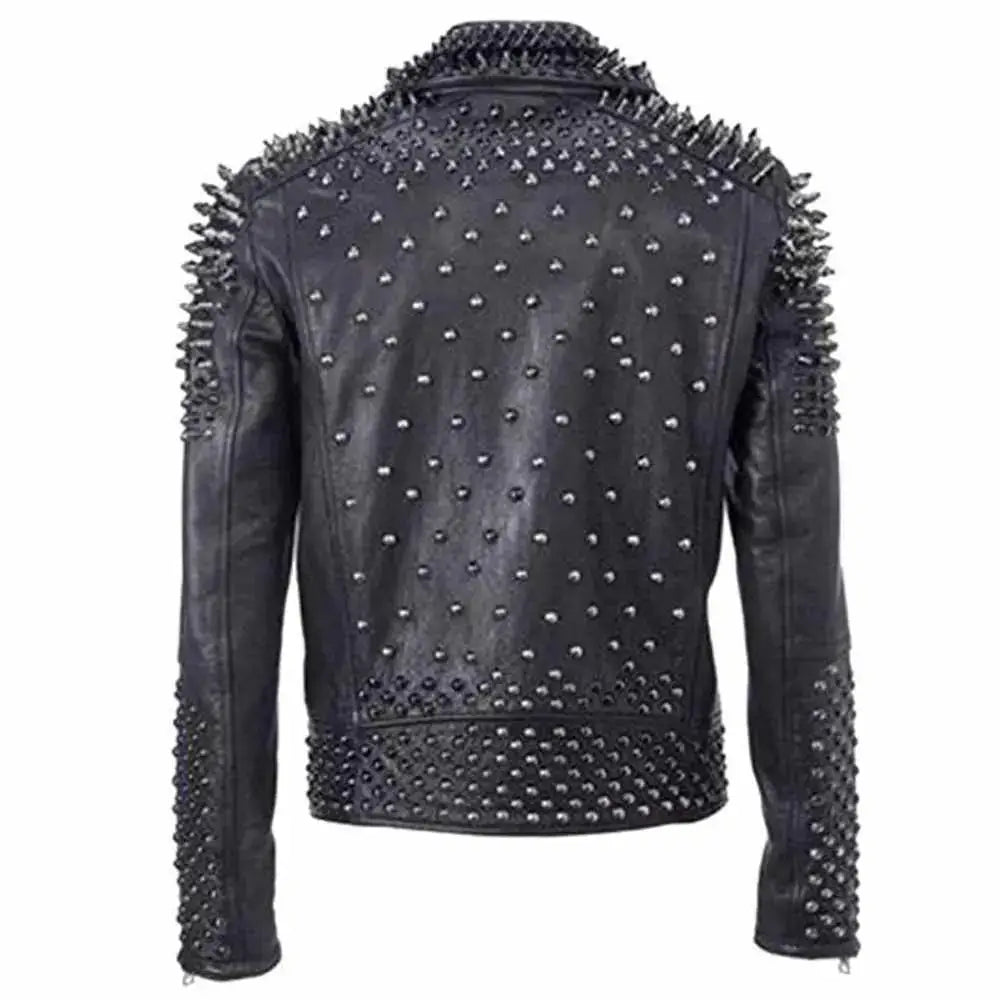 Men's EMO punk rock leather jacket with silver and black studs, featuring a stylish studded design from Riders Republic UK.