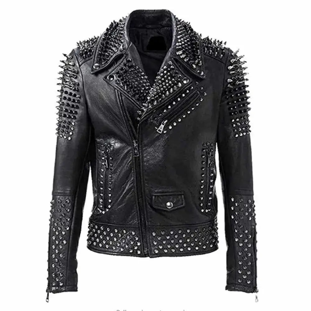 Men’s EMO Punk Rock studded leather jacket in silver and black with metal studs, by Riders Republic UK.