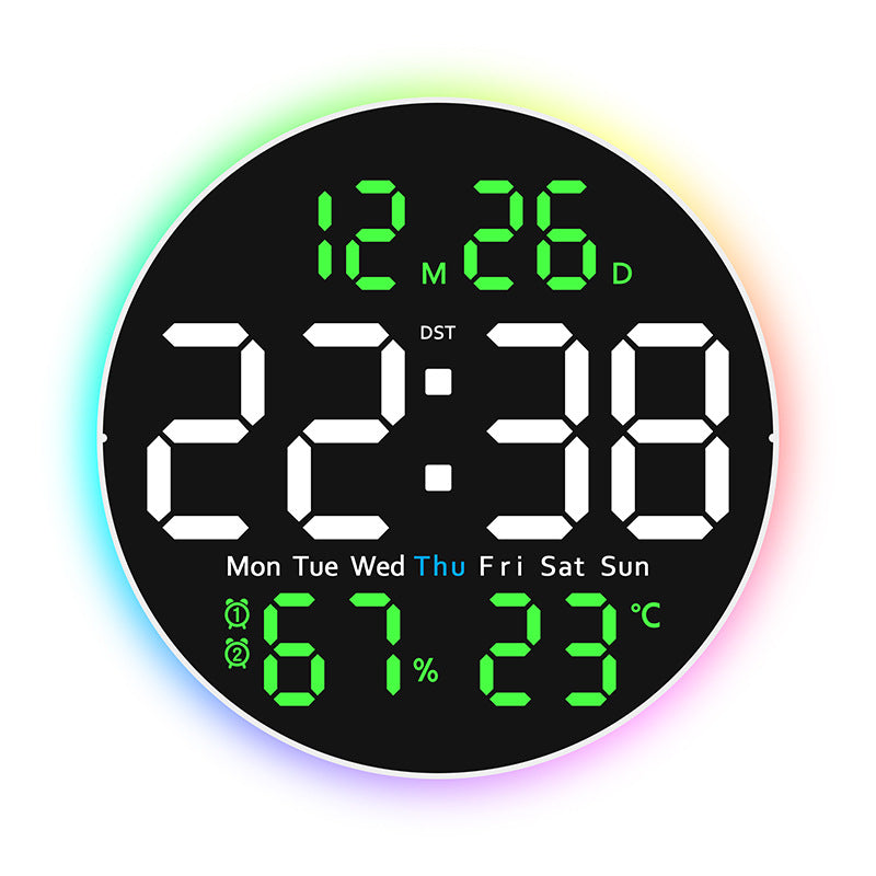 eprolo 10-inch digital wall clock with mood light, temperature, humidity, date, week, timer, brightness adjustment, remote, and LED alarm