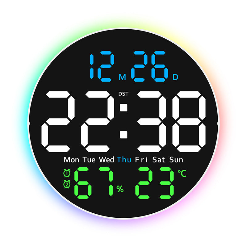 eprolo 10-inch digital wall clock with mood light, temperature, humidity, date, week, timer, brightness adjustment, remote, and LED alarm