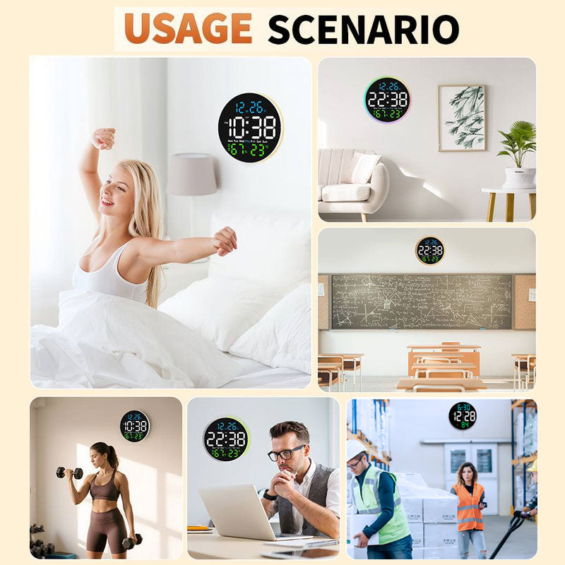 eprolo 10-inch digital wall clock with mood light, temperature, humidity, date, week, timer, brightness adjustment, remote, and LED alarm