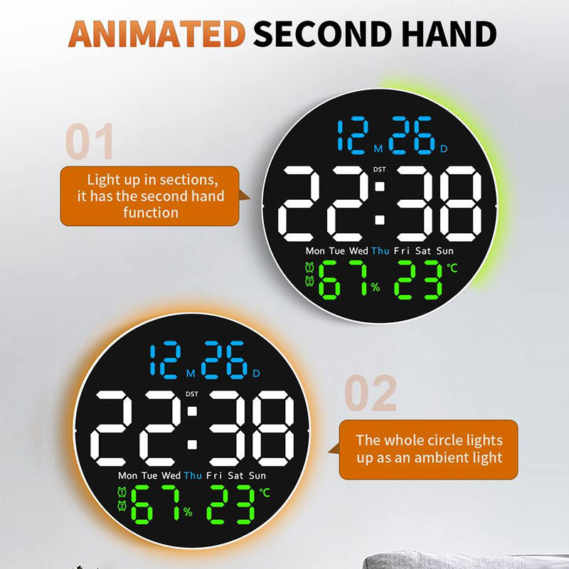 Eprolo 10-inch digital wall clock displaying temperature, humidity, date, week, and brightness adjustment with remote control and LED alarm