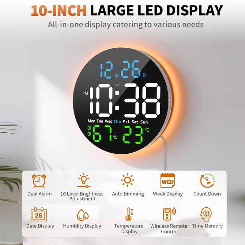 eprolo 10-inch digital wall clock with mood light, temperature, humidity, date, week, timer, alarm, remote, and brightness adjustment