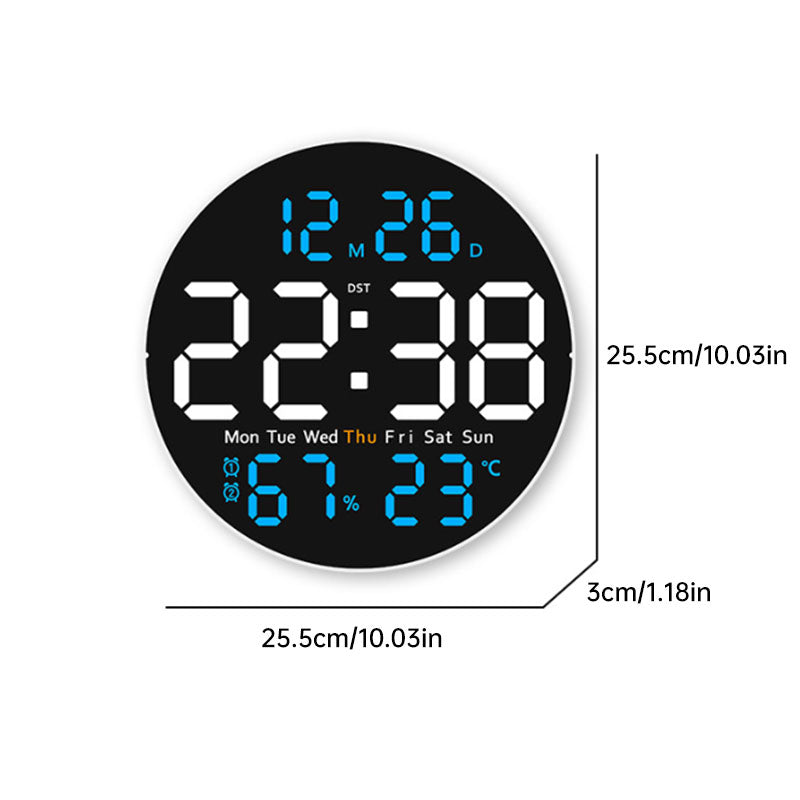 Eprolo 10-inch digital wall clock with mood light, temperature, humidity, date, week, timer, remote, brightness, LED alarm, and DST features