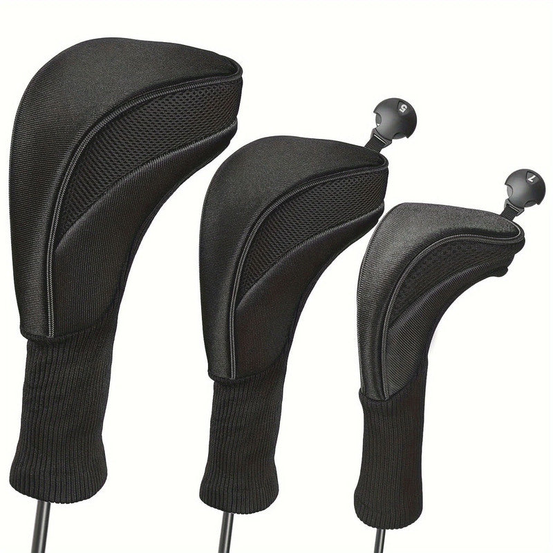 Set of three eprolo long-neck golf club headcovers with numbered wooden protectors for durable golf club protection.