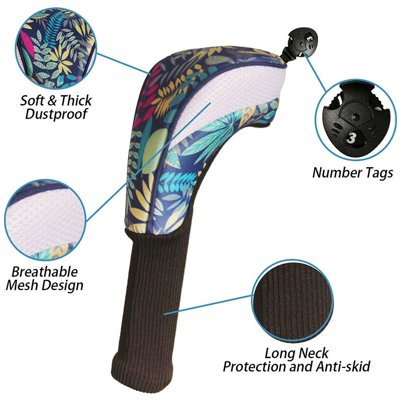 Set of three eprolo long-neck golf club headcovers with numbered wooden protectors for durable golf club protection.