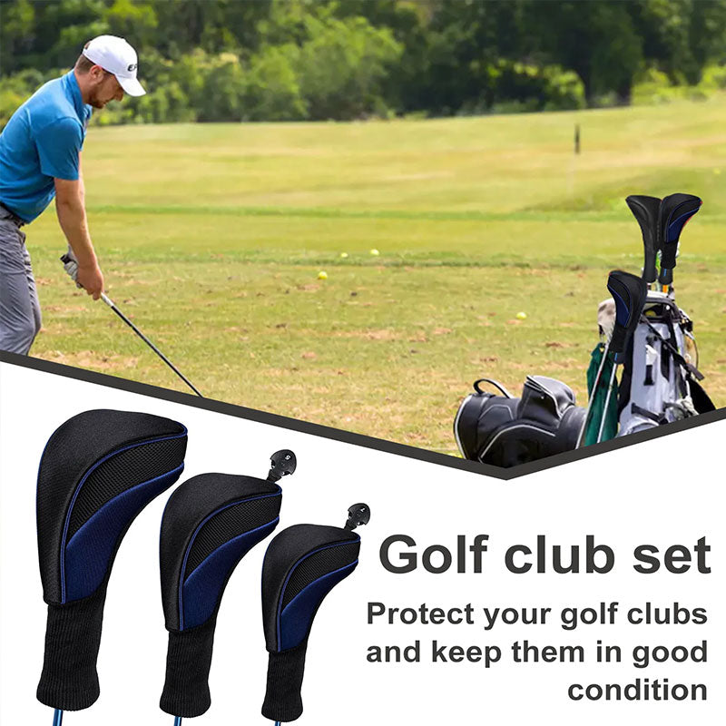 Set of three long-neck golf club headcovers with numbered wooden protectors by eprolo, durable golf accessories for club protection.