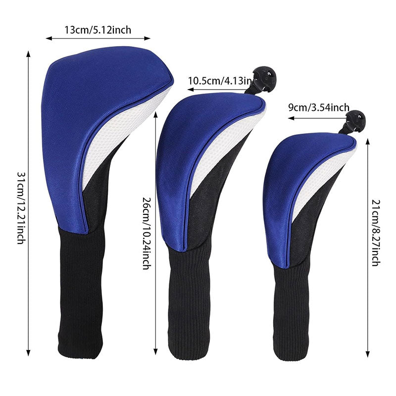 Set of three eprolo long-neck golf club headcovers with numbered wooden protectors for durable golf club protection.