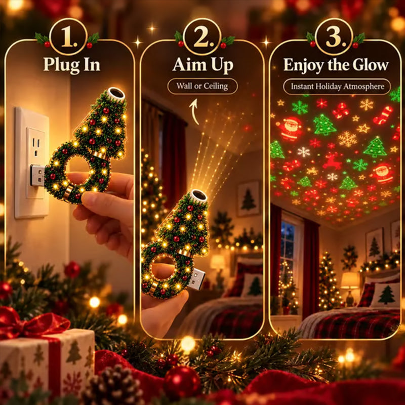 USB-powered Christmas projector light by eprolo showing holiday patterns, flexible tree lamp for bedroom or ceiling decor.