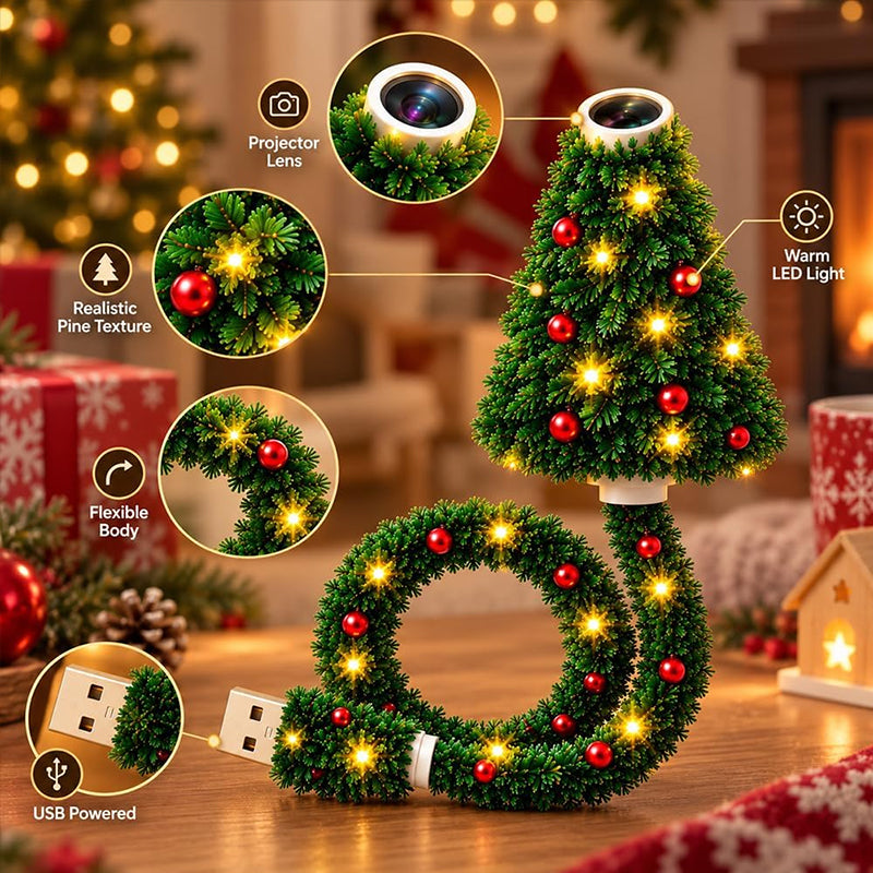 USB-powered Christmas projector light by eprolo projecting holiday patterns onto bedroom or ceiling decor with a flexible tree lamp design.