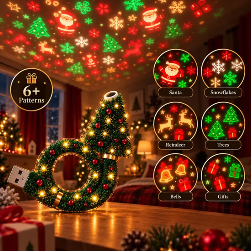 eprolo Christmas projector light USB-powered holiday night light with 6+ patterns, flexible tree lamp for bedroom and ceiling decor