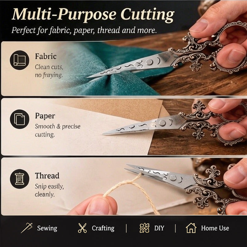 European Victorian carved scissors by eprolo, vintage embroidery thread snips perfect for cross stitch and tailoring projects.