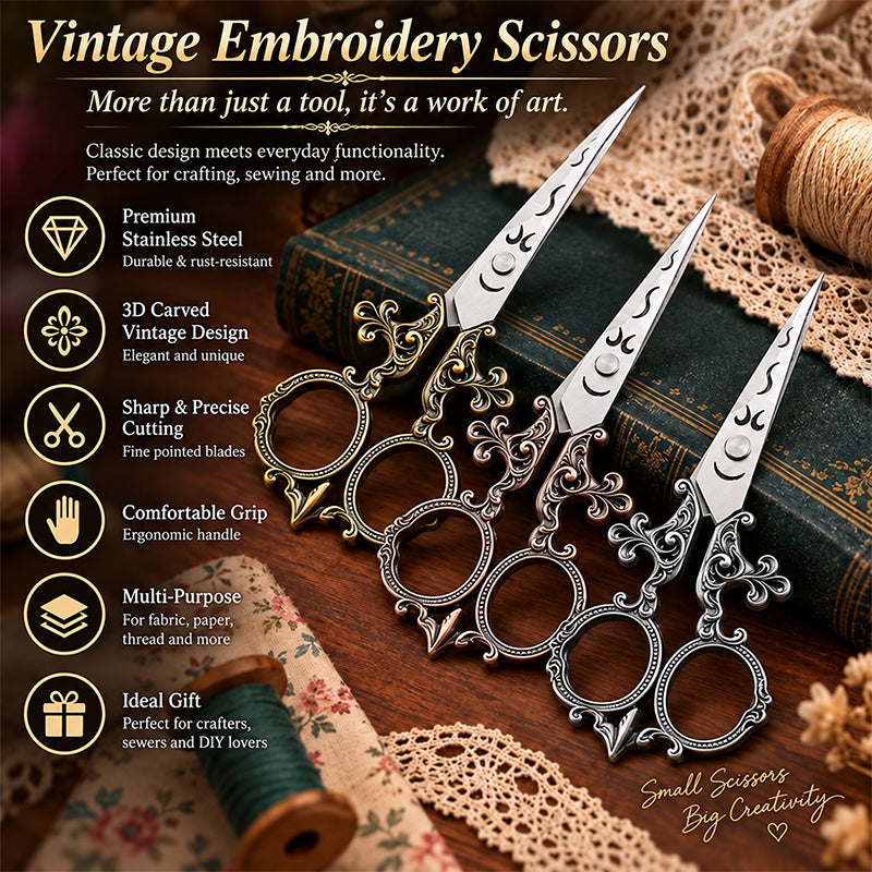 European Victorian carved scissors by eprolo, vintage embroidery thread snips and cross-stitch tailoring shears with ornate design.