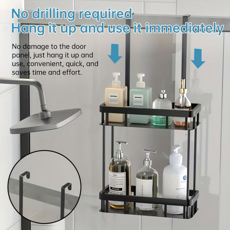 Eprolo 2-tier hanging bathroom organizer for glass doors, rust-resistant over-the-door toiletries storage shelf, no drill needed