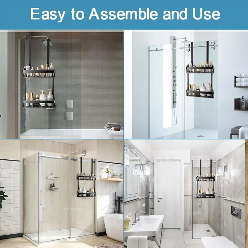 Eprolo hanging bathroom organizer for glass doors, 2-tier over-the-door storage shelf, rust-resistant toiletries rack.