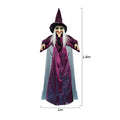 Life-size purple talking witch decoration with glowing eyes, animated voice-controlled Halloween outdoor spooky prop by eprolo.