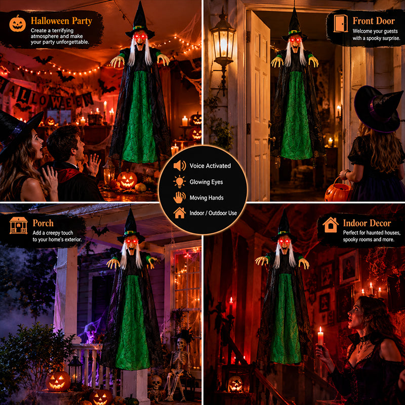 Life size purple talking witch decoration with glowing eyes, animatronic and voice-controlled for Halloween outdoor spooky decor.
