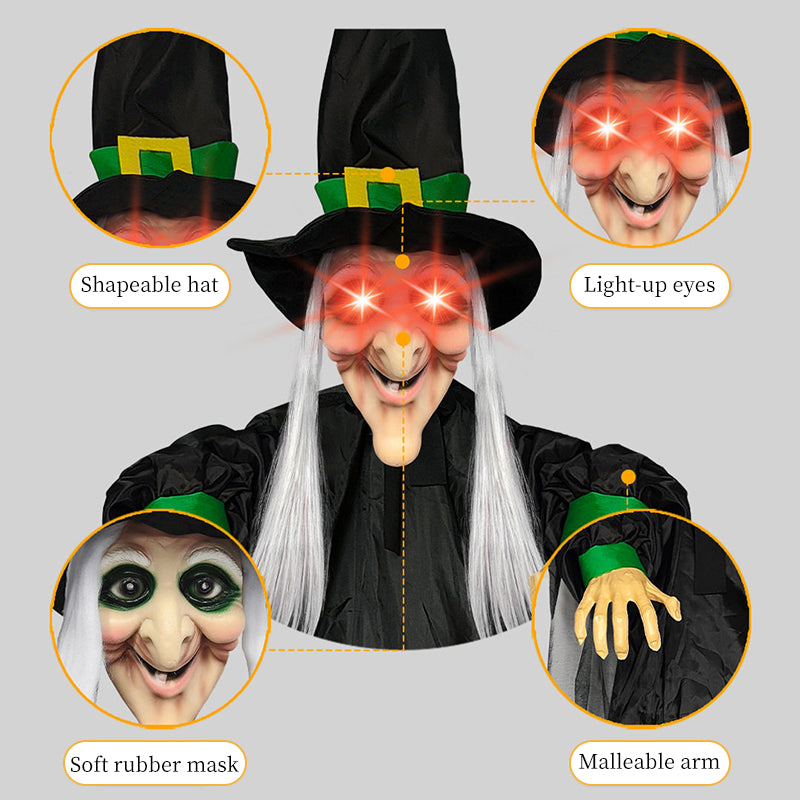 Life size purple talking witch decoration with glowing eyes, animatronic, voice-controlled, perfect for Halloween outdoor spooky decor.