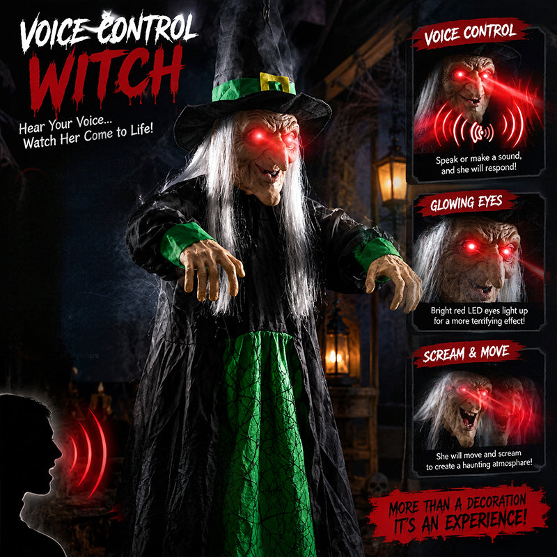 Life size purple talking witch decoration with glowing eyes, animated mouth, and voice control for Halloween outdoor spooky decor.
