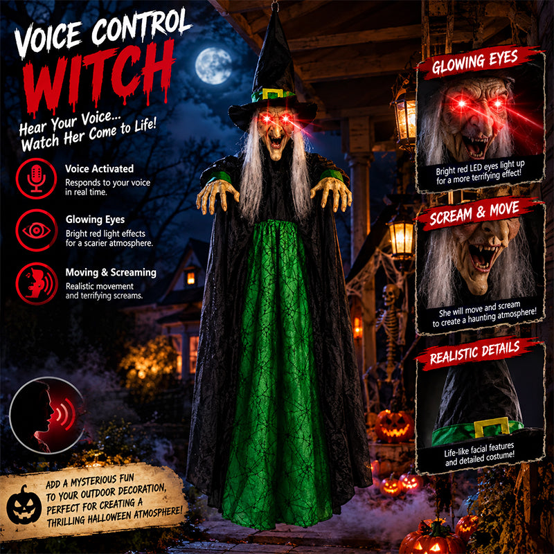 Life size purple talking witch decoration with glowing eyes, animatronic voice control, perfect for outdoor Halloween spooky decor.