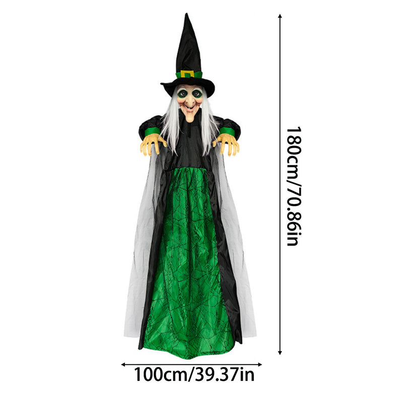 Life size purple talking witch decoration with glowing eyes, animated screaming face, voice-controlled for Halloween outdoor spooky decor.