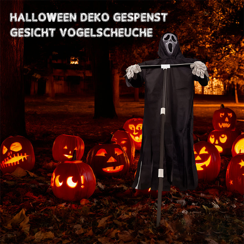 Scary Halloween ghost robe costume with crow prop, horror phantom cloak dress for men and women, spooky cosplay outfit.
