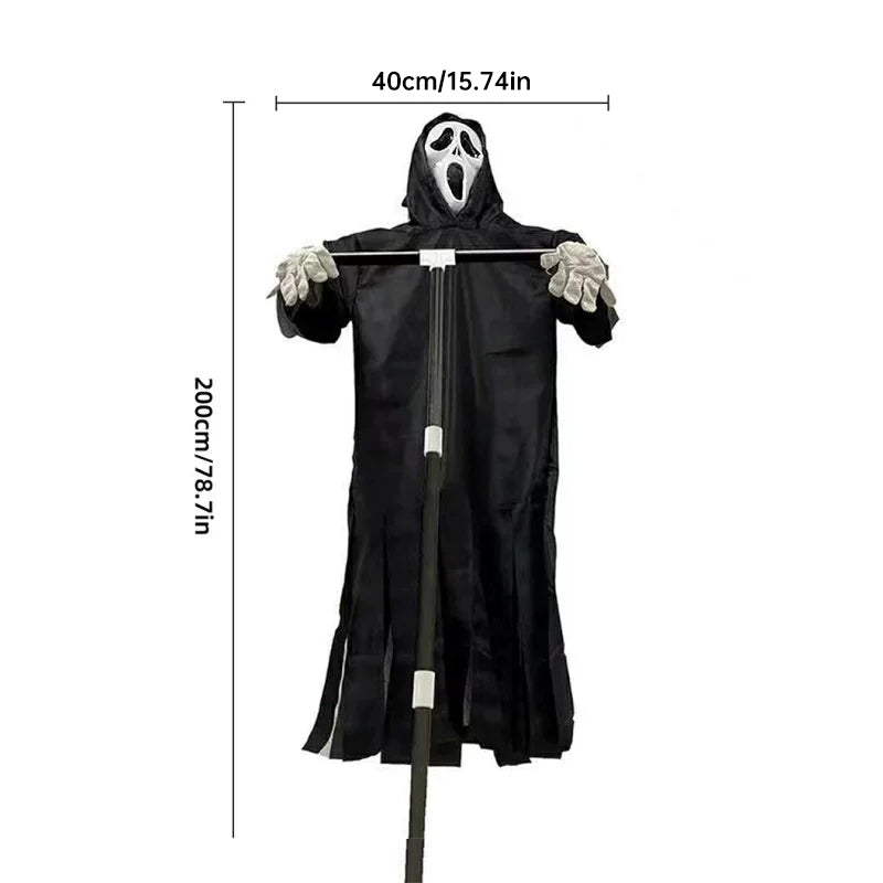 Scary Halloween ghost robe costume with crow prop, horror phantom cloak dress for men and women, suitable for cosplay and spooky events.
