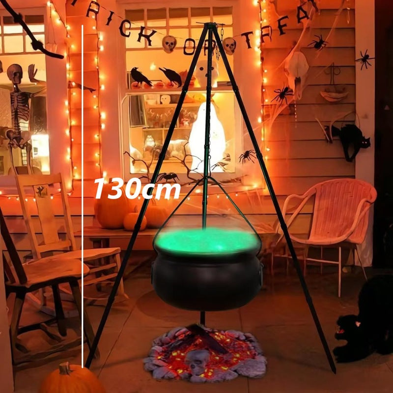 Black witches cauldron with skeletons on tripod, outdoor Halloween decoration, spooky horror house prop by eprolo