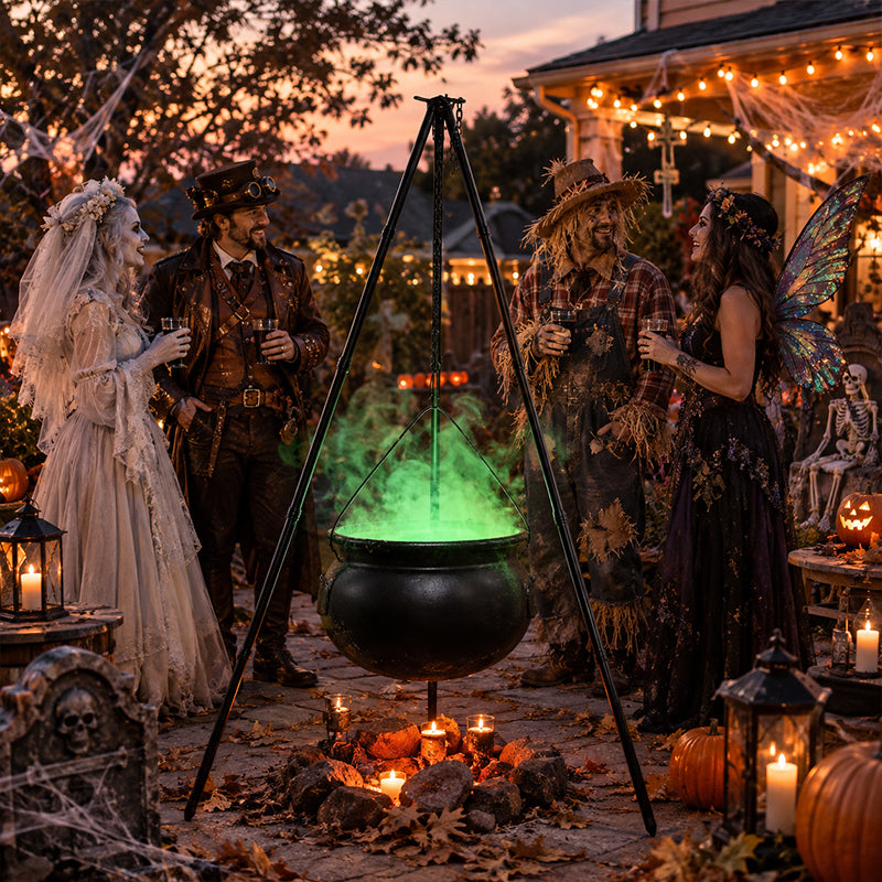 Eprolo Halloween black witches cauldron with skeletons on tripod, outdoor horror house decoration for spooky Halloween decor