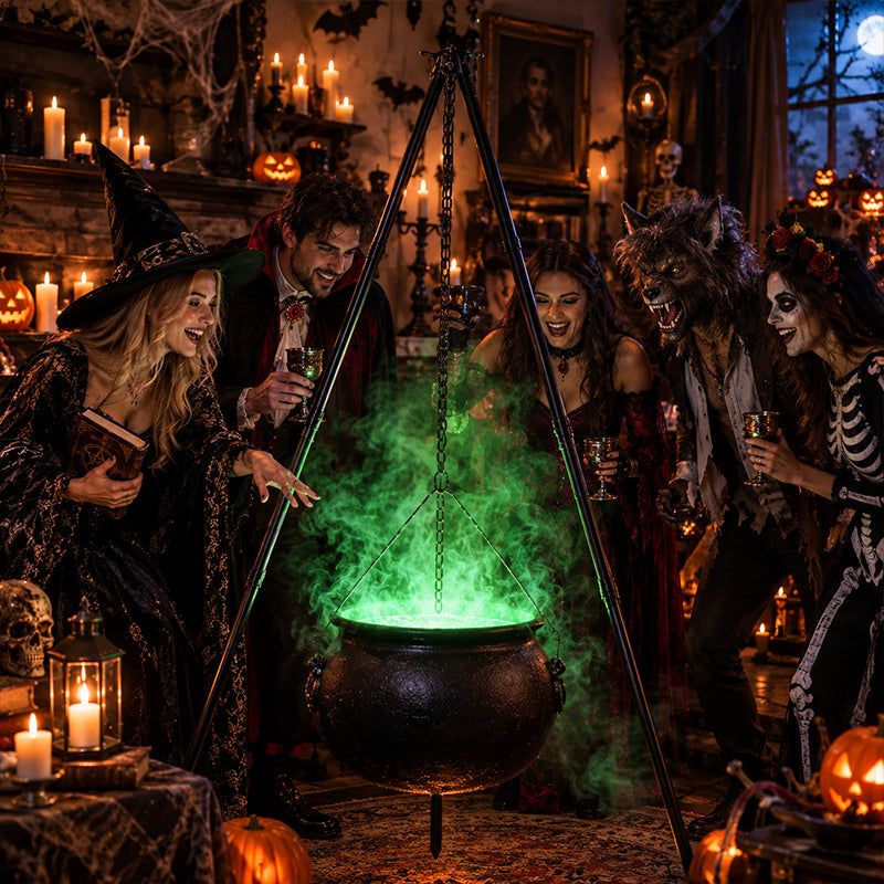 Black Halloween witches' cauldron with skeletons on tripod, outdoor horror prop for spooky home Halloween decoration.