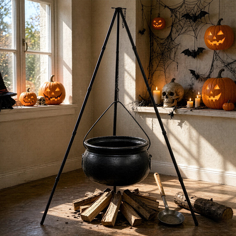 Large black Halloween witches' cauldron with skeleton decorations on a tripod outdoor horror house prop for spooky home decor