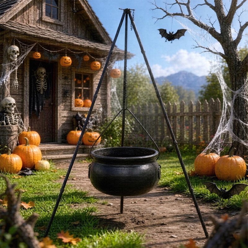 Large black witches cauldron with skeleton decorations on a tripod for outdoor Halloween horror house decor.