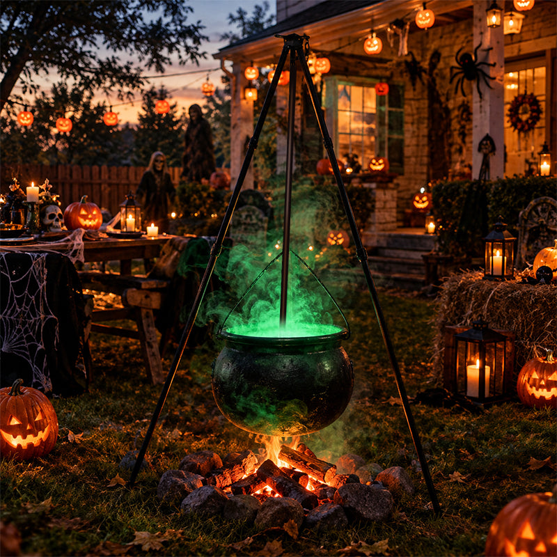 Large black Halloween witches' cauldron with skeletons on a tripod, outdoor horror house decoration, spooky Halloween prop.
