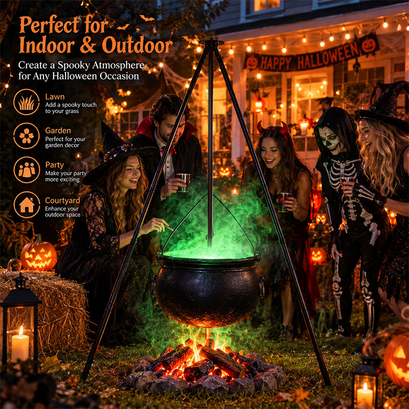 Black Halloween witches' cauldron with skeletons on tripod, outdoor horror house decoration, spooky prop for Halloween.