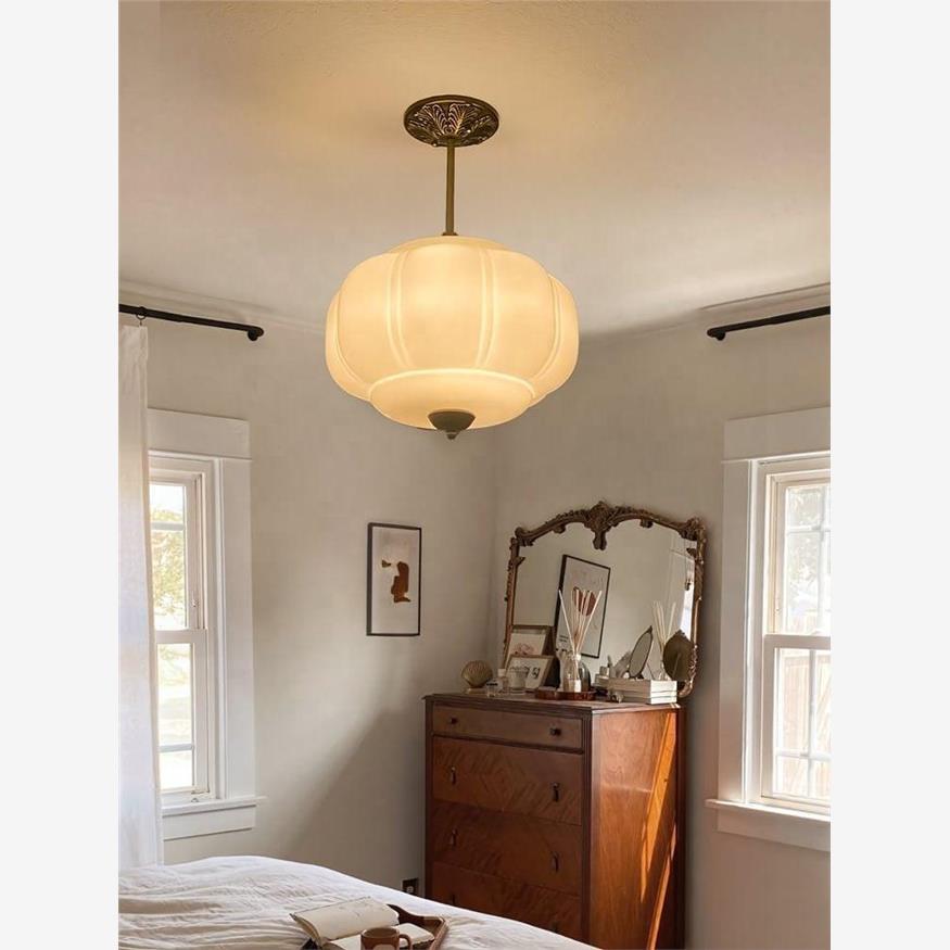 Eprolo D38*H40cm copper pendant lamp with pumpkin glass design, ideal for bedroom, living room, hallway, or entryway lighting.