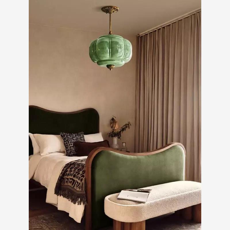 Eprolo pendant lamp with pumpkin glass design, copper-white finish, 38x40cm, ideal for bedroom, living room, hallway, or entryway.