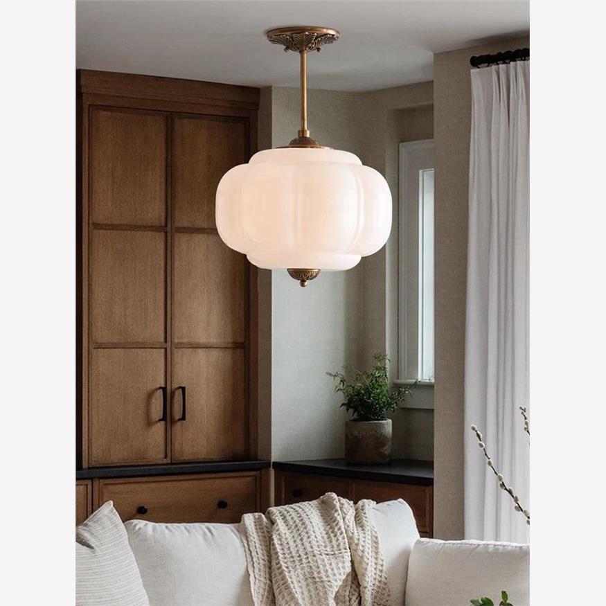 Eprolo D38*H40cm pendant lamp with pumpkin glass design, ideal for bedroom, living room, hallway, or entryway lighting.