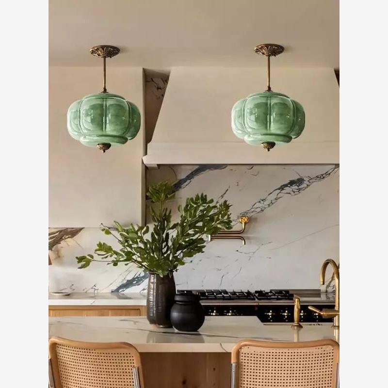 Eprolo D38xH40cm copper and white pendant lamp with pumpkin glass design for bedroom, living room, hallway, or entryway.