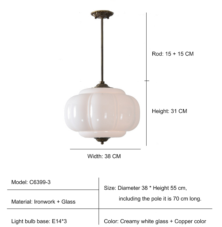 Eprolo D38xH40cm pendant lamp with pumpkin glass design, ideal for bedroom, living room, hallway, and entryway lighting.