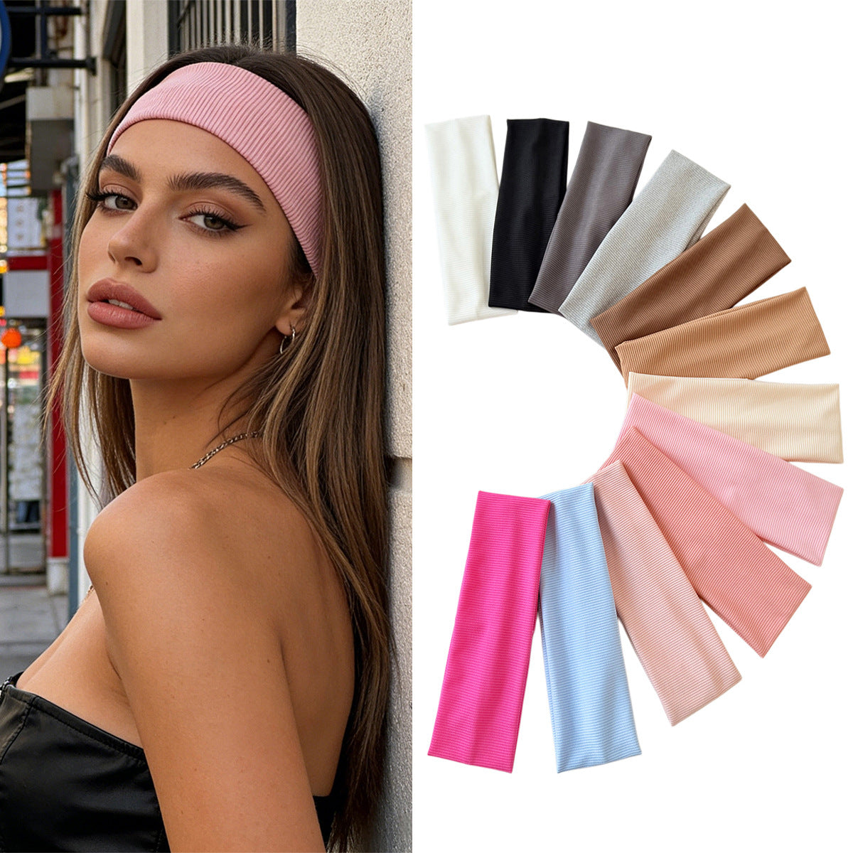 Black cotton elastic wide headband by eprolo, sweat-absorbent and multi-functional headwear for active or casual wear.