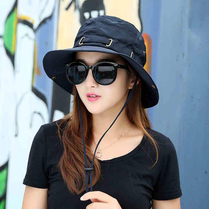 Black foldable sun hat with eight buttons, breathable fabric, suitable for head circumference 54-59cm, by eprolo.