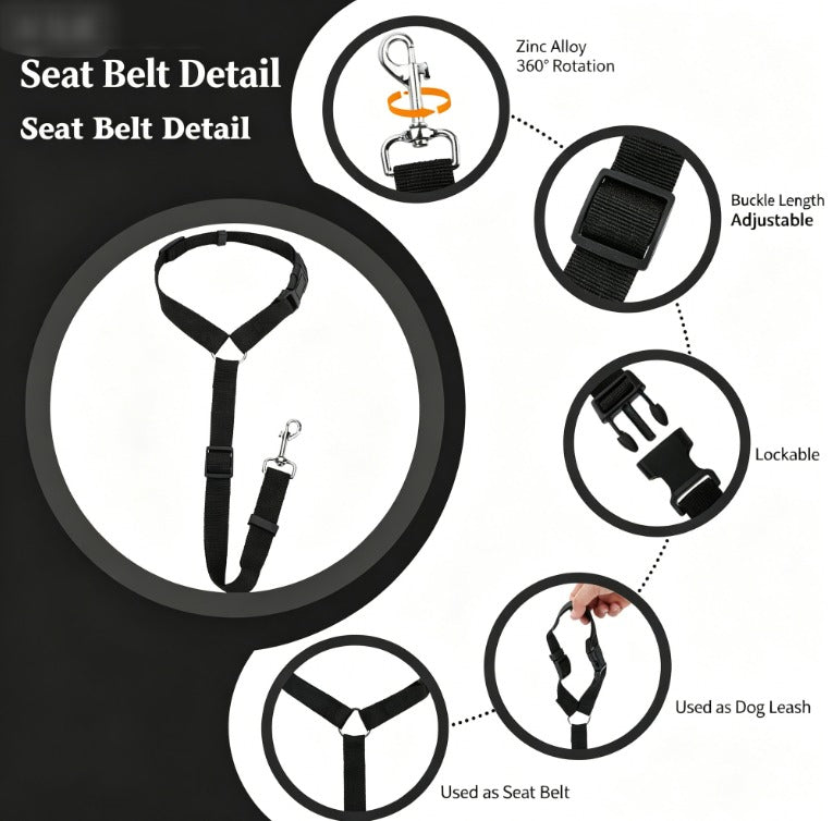Black eprolo pet car safety belt ring with adjustable harness for dogs, rear seat travel, and secure restraint.