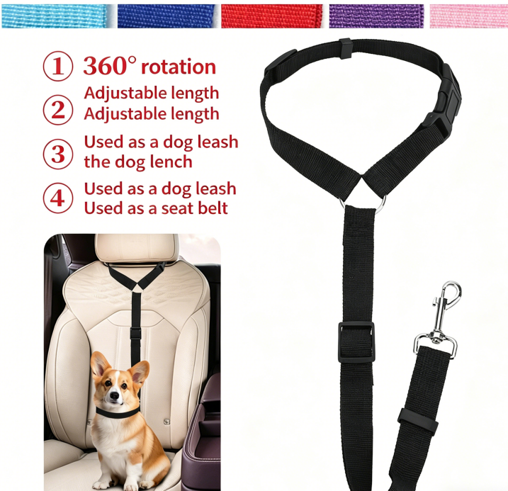 Black eprolo pet car safety belt ring with adjustable harness for dogs, ensuring safe travel in the rear seat.